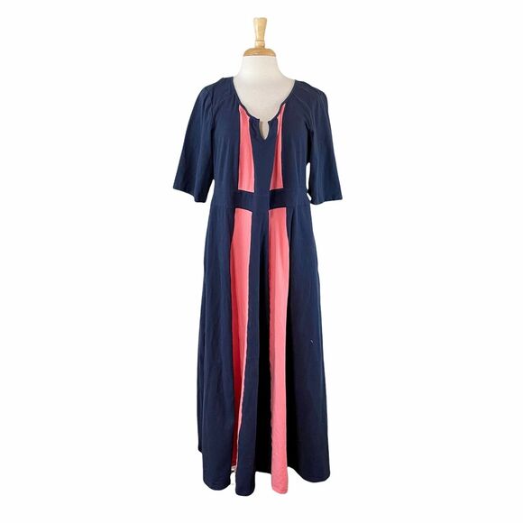 eShakti Maxi Dress‎ Size 1X Womens Navy Blue Pink Stretch Fit Short Sleeve Long - Picture 1 of 10